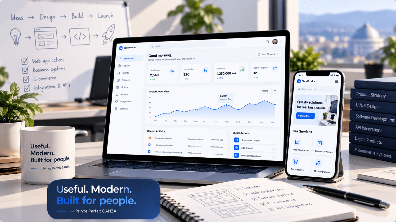Product and systems work by Prince Parfait GANZA — desktop and mobile interfaces